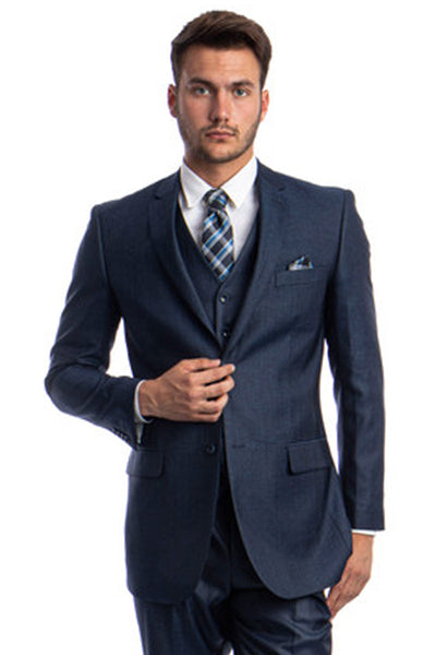 Men's Navy Blue Sharkskin Suit by Tazio Suits
