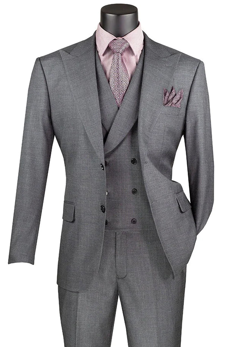 Sharkskin Men's Suit with Double Breasted Vest - Summer French Blue by Vinci