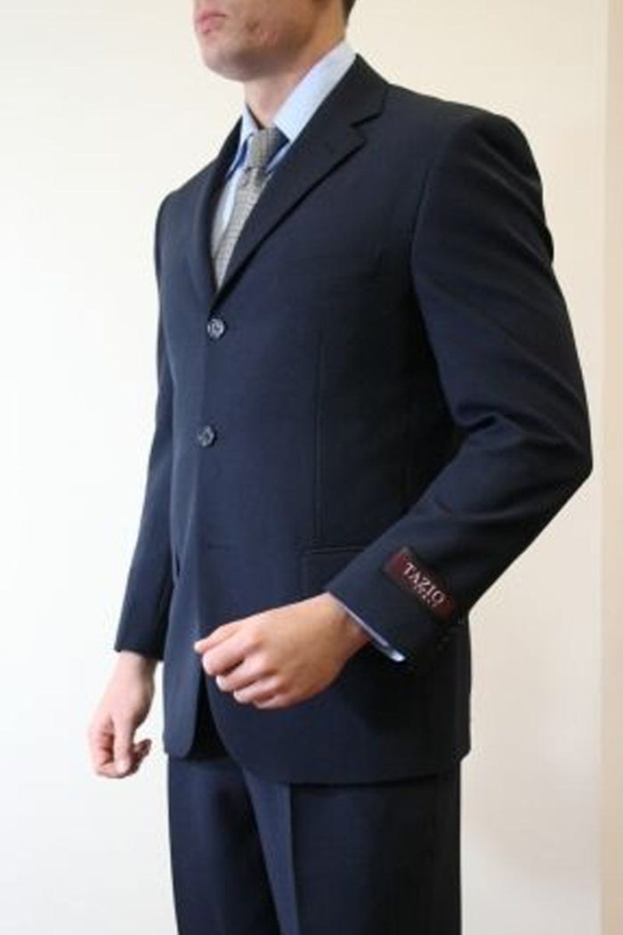 Men's Basic Three Button Poplin Suit in Dark Navy Blue by Tazzio