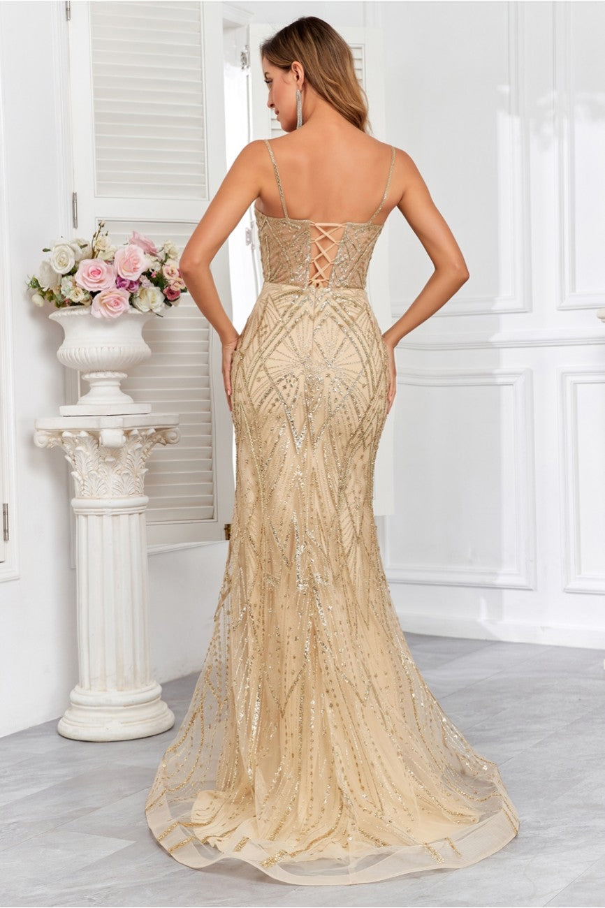 High Couture HC1008 Long Formal Glitter Print Corset Prom Dress