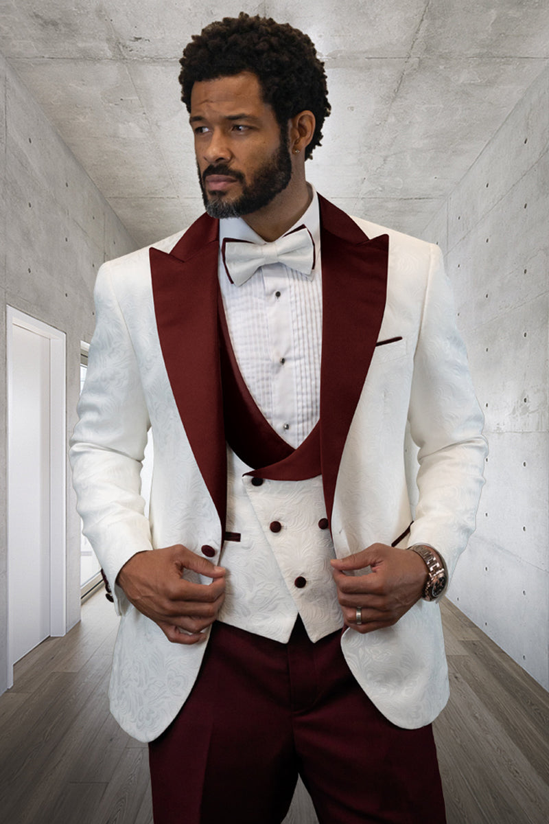 Men's Designer Vested Contrast Peak Lapel Wool Tuxedo in White Paisley & Burgundy