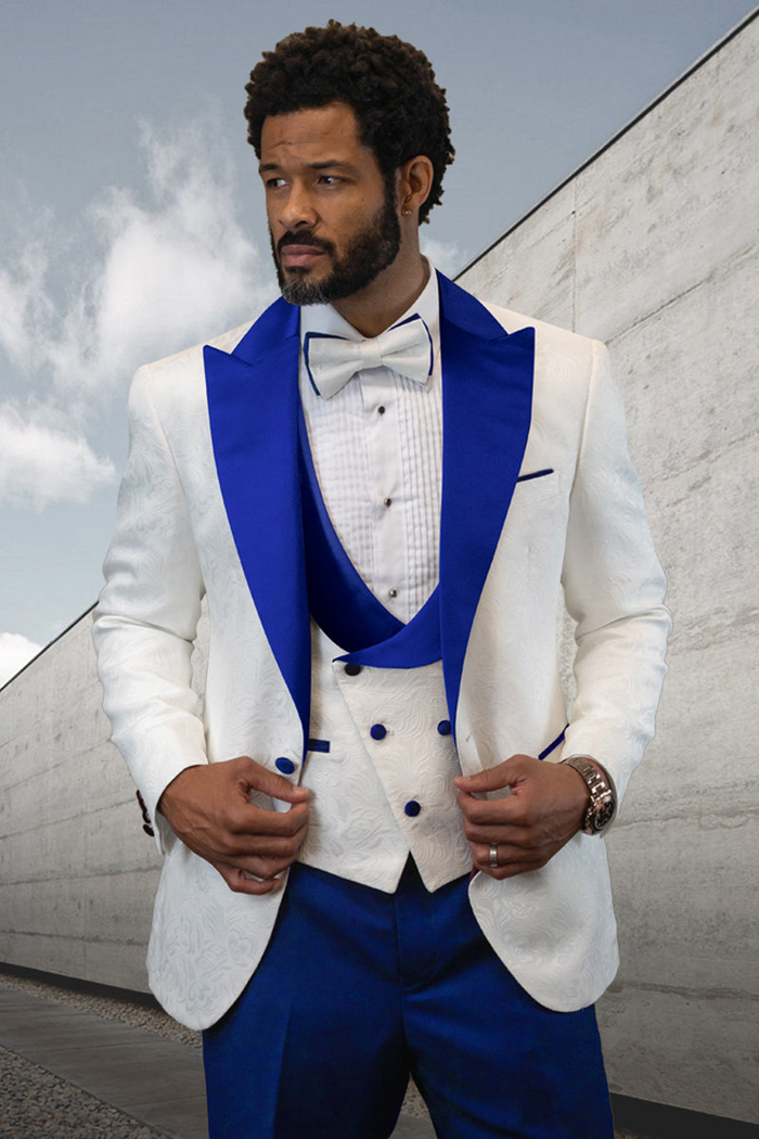 Men's Contrast Peak Lapel Wool Tuxedo in White Paisley & Royal Blue