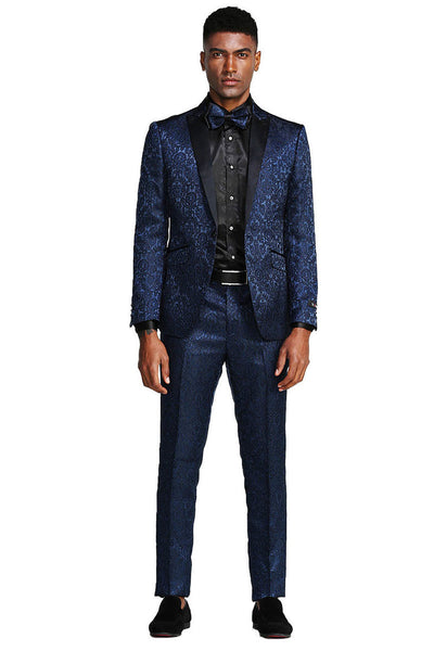 Navy Blue Men's Slim Fit Paisley Tuxedo - One Button Wedding & Prom Suit by Tazzio