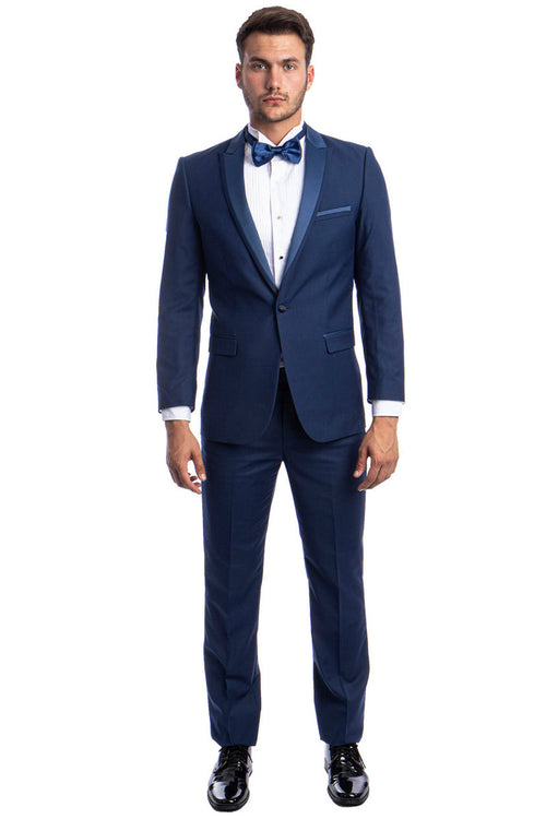 Men's Cobalt Blue Satin Trim Peak Lapel Tuxedo