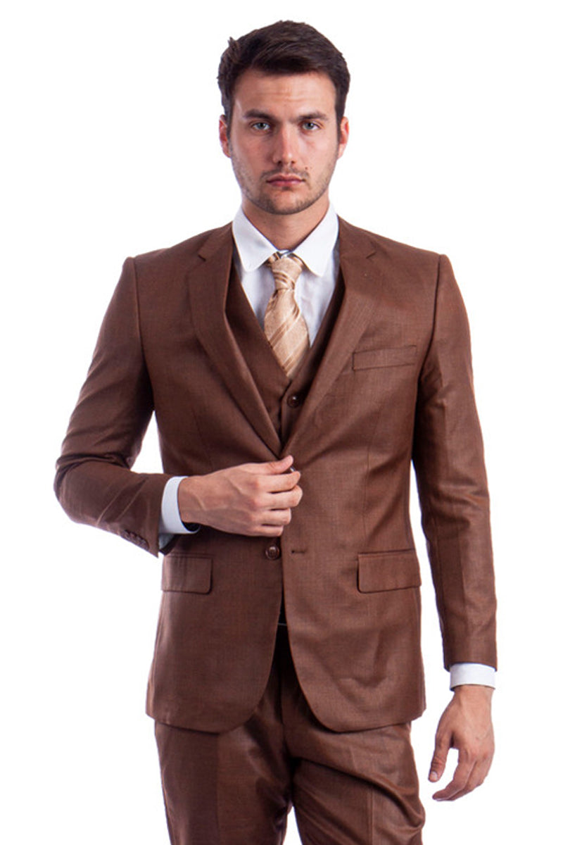 Men's Cognac Sharkskin Suit by Tazio Suits