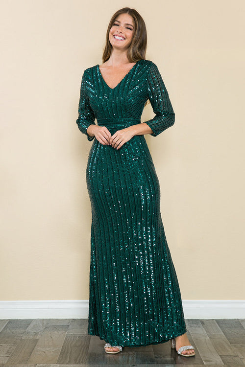 Evening Dress V-Neck 3/4 Sleeve Sheath Sequin Gown By Lenovia 5247-New Collection