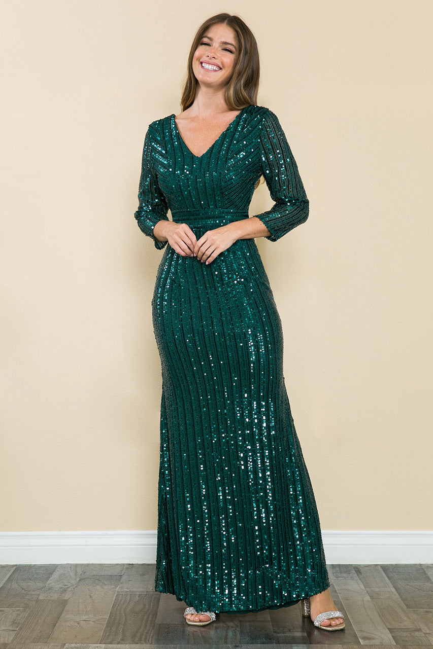 Evening Dress V-Neck 3/4 Sleeve Sheath Sequin Gown By Lenovia 5247-New Collection