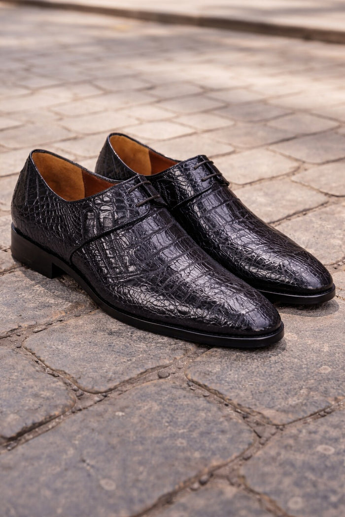 Men’s Navy Genuine Crocodile and Calfskin Leather Slip-On Dress Shoes