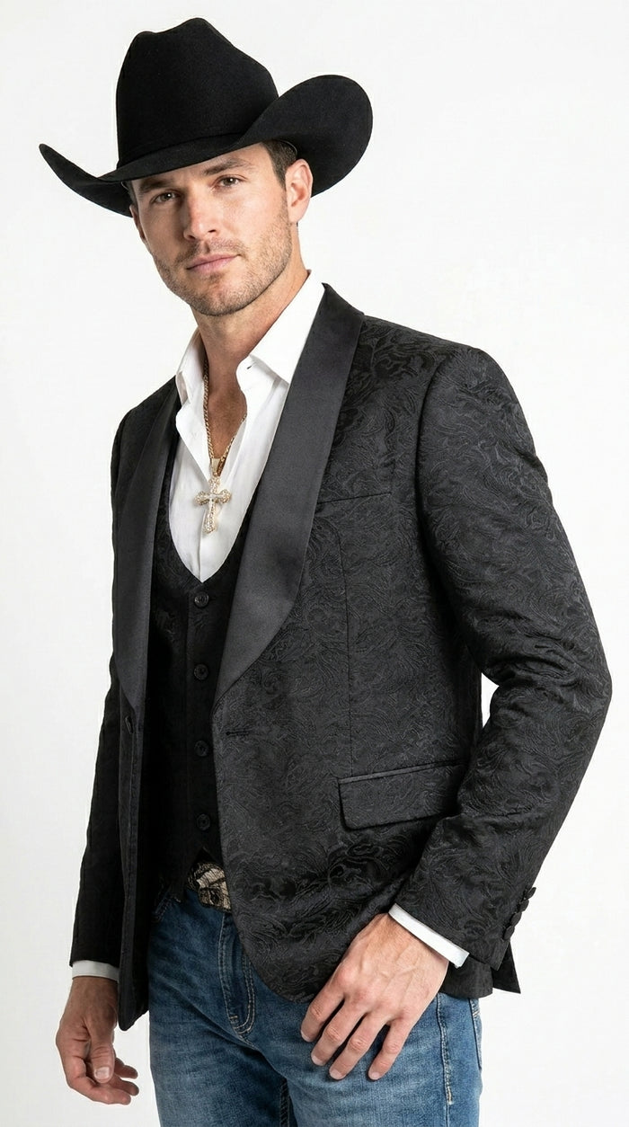 Men’s Black Paisley Jacquard Blazer with Satin Shawl Lapel, Western Formal Designer Jacket