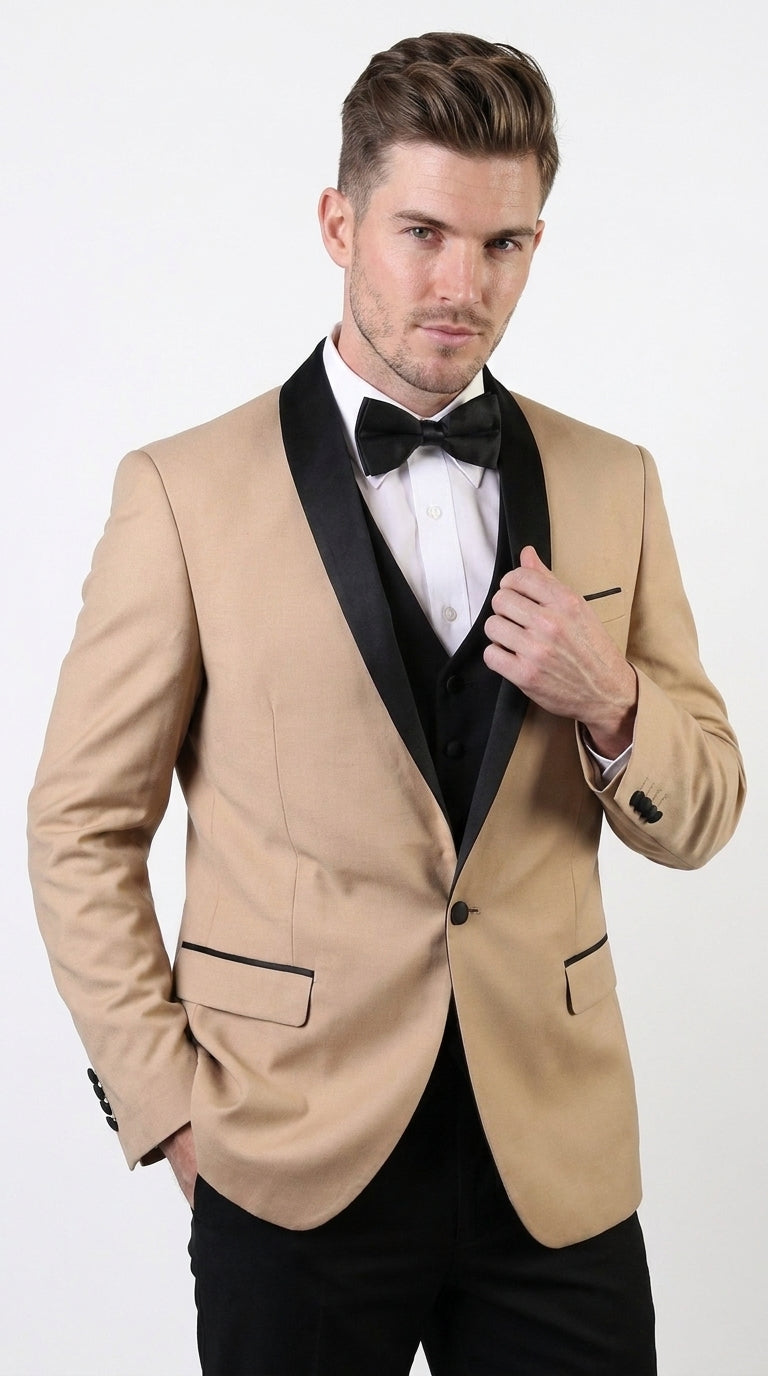 PromTuxedo Men’s Champagne and Black 3-Piece Wool Tuxedo – Shawl Lapel Wedding, Prom and Groom Suit