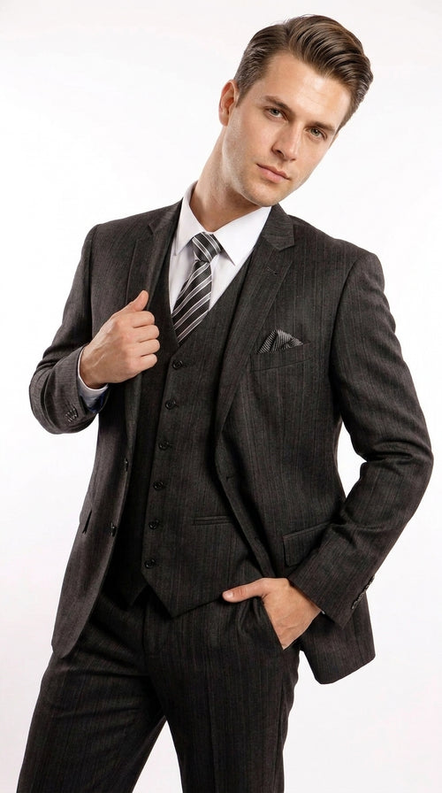Men’s Classic Black Sharkskin 3-Piece Business Suit – Vested Wedding, Church and Formal Suit