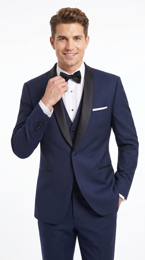 Designer Tuxedos Men’s Navy One Button Shawl Lapel Tuxedo Suit for Wedding, Prom and Formal Events