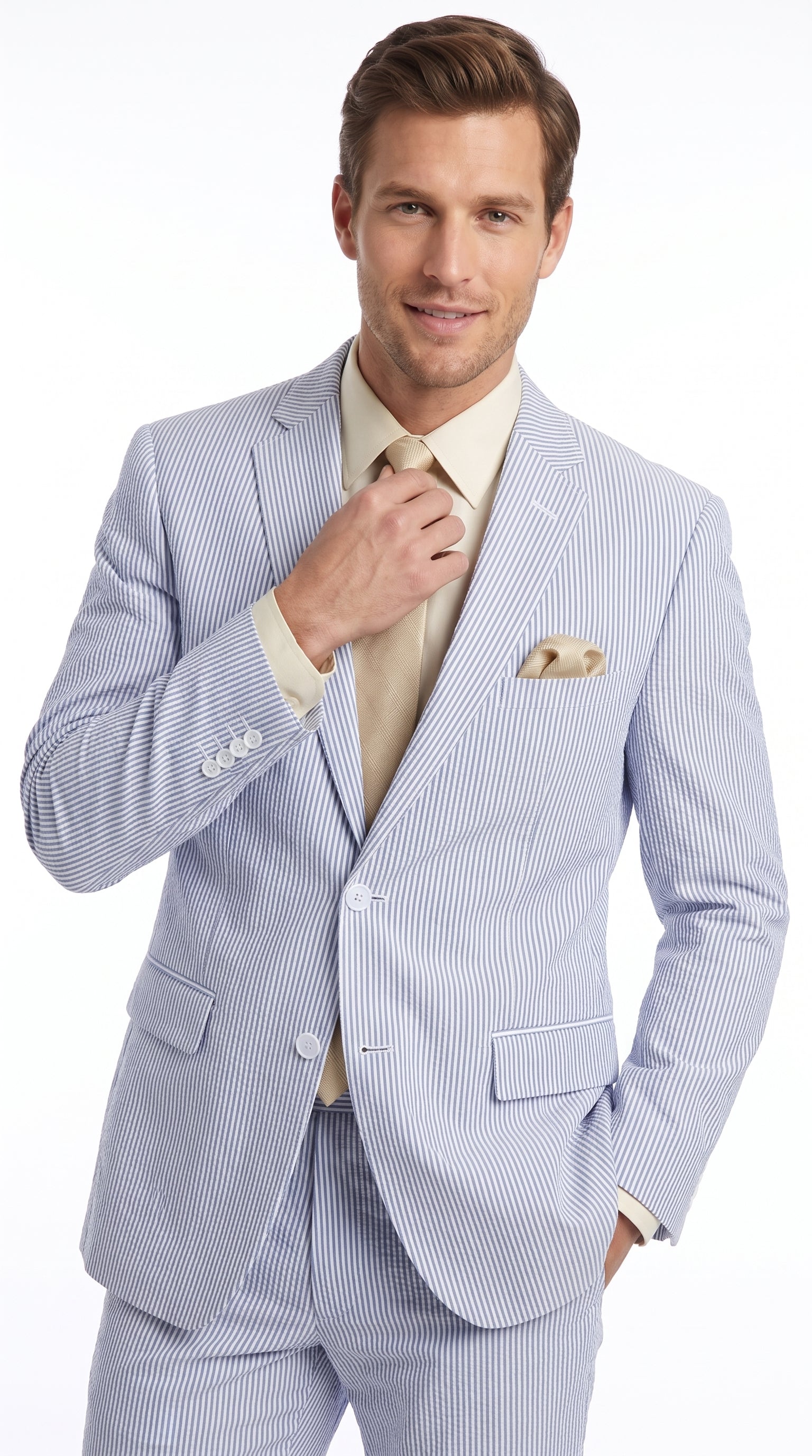 Men’s Navy Blue Pinstripe Seersucker 2 Piece Summer Suit, Lightweight Wedding and Beach Suit
