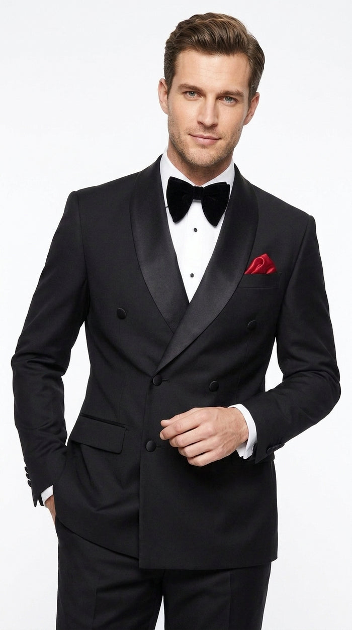 Men’s Black 6 Button Double Breasted Tuxedo, 2 Piece Formal Wedding Prom Suit