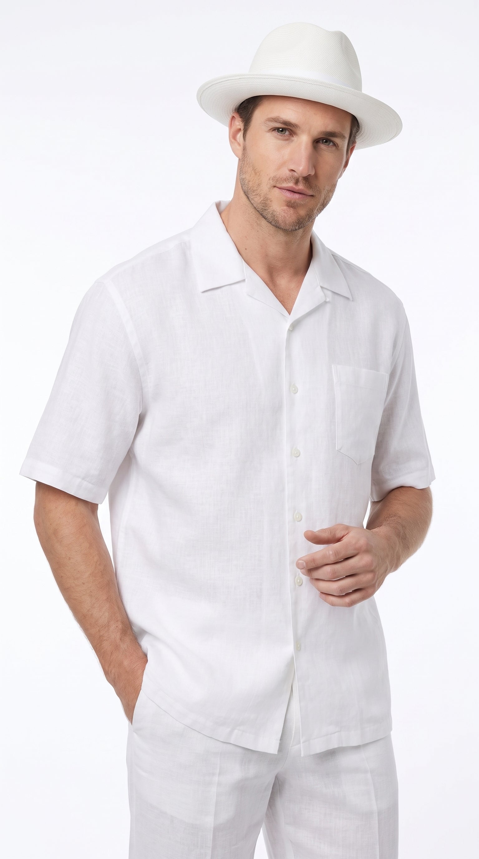 Men’s Big Size White Linen Walking Suit, Short Sleeve Shirt and Pants Casual Summer Set