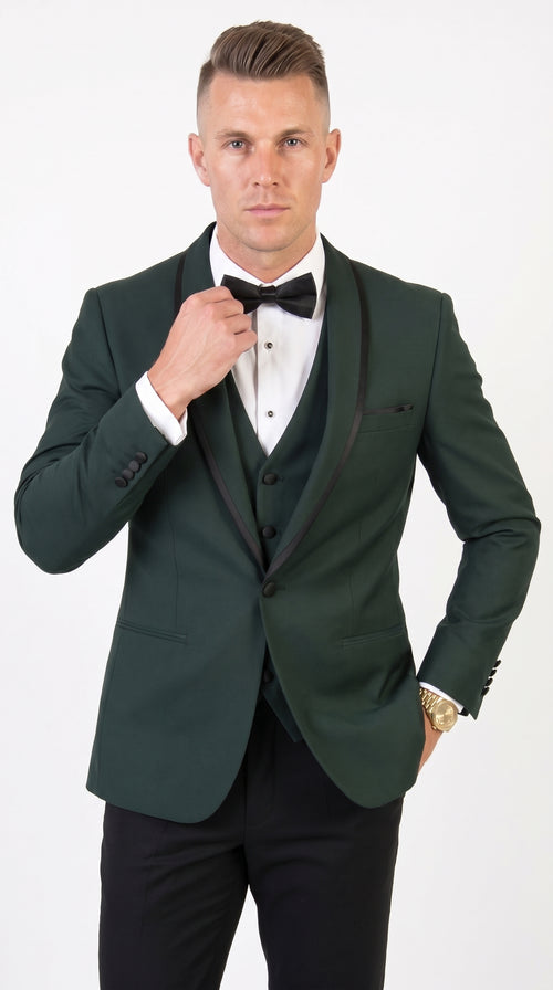 Men’s Hunter Green Shawl Lapel Tuxedo with Satin Trim, Formal Wedding Prom Dinner Suit