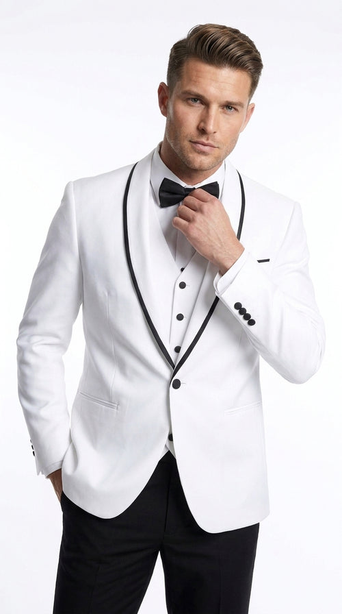 Men’s White and Black One Button Satin Trim Shawl Lapel Tuxedo for Wedding, Prom and Formal Events