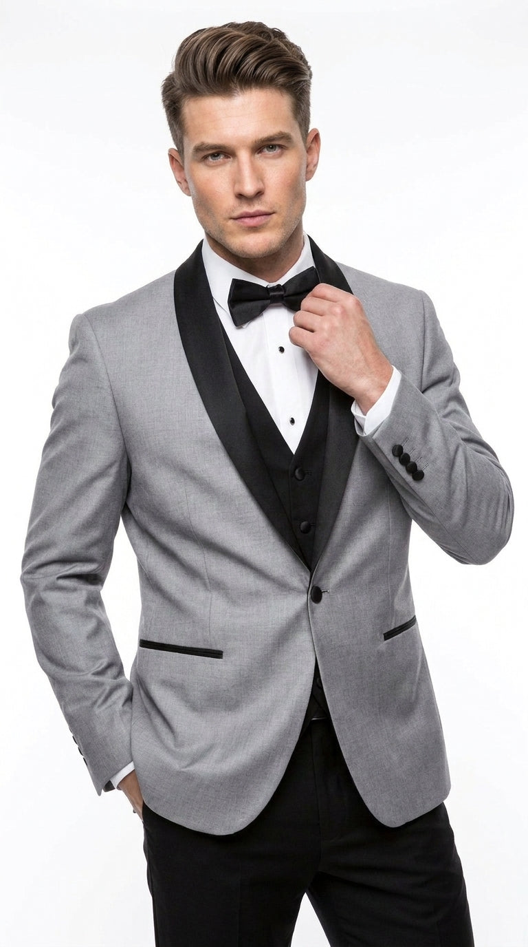 Men’s Grey and Black 3-Piece Prom Tuxedo – Vested Wedding Suit with Black Shawl Lapel