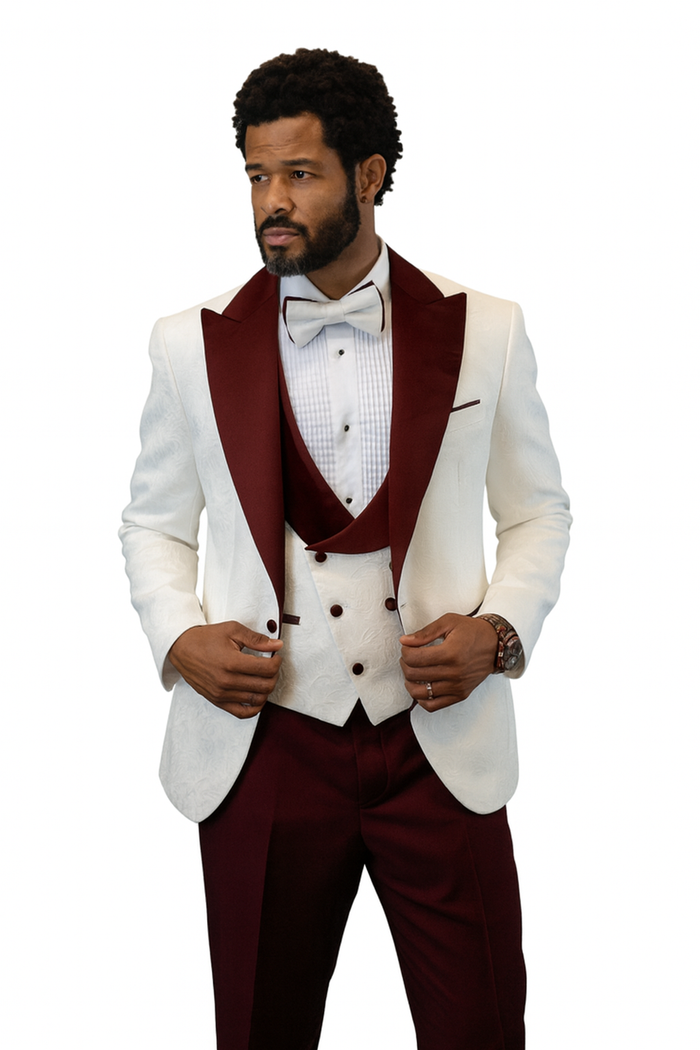 Hilton White and Burgundy Paisley Peak Lapel Tuxedo Jacket with Matching Shawl Vest and Wool Pants - Includes Bow Tie by USA Men's Outlet
