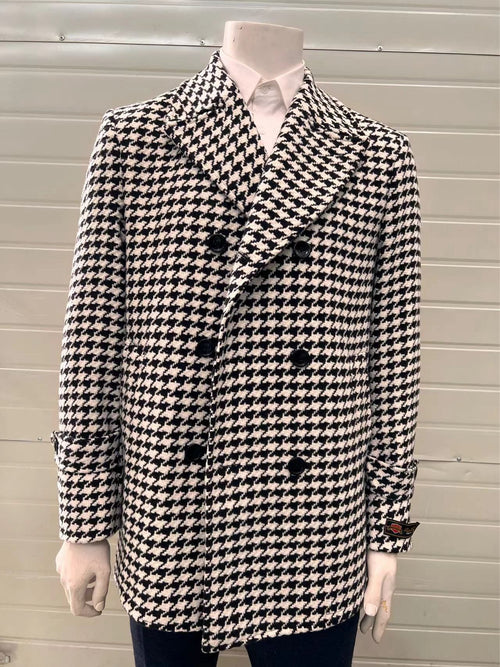 Mens Houndstooth Double-Breasted Wool Peacoat - Black and White Wool Short Coat Slim Fit USA Men's Outlet