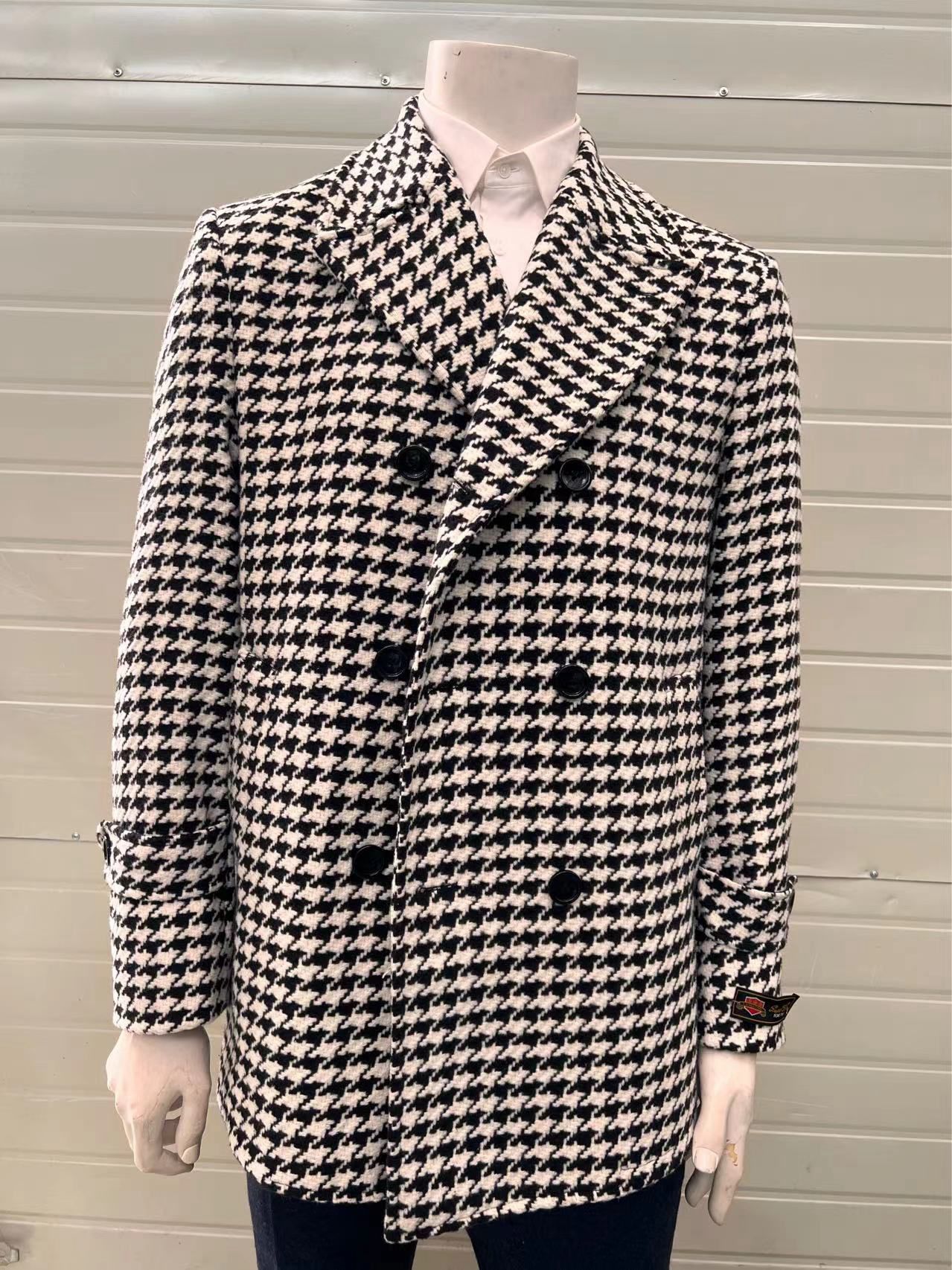Mens Houndstooth Double-Breasted Wool Peacoat - Black and White Wool Short Coat Slim Fit USA Men's Outlet