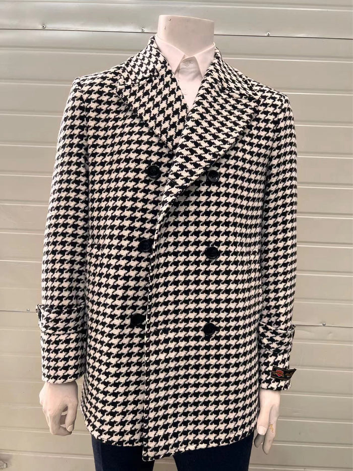 Mens Houndstooth Double-Breasted Wool Peacoat - Black and White Wool Short Coat Slim Fit USA Men's Outlet