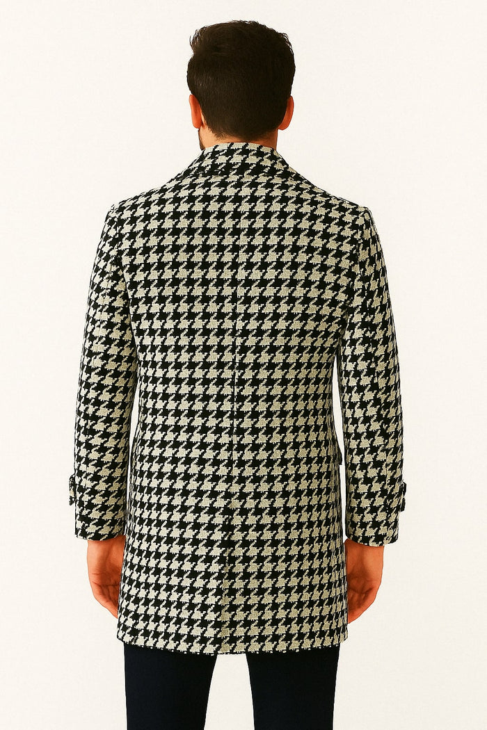 Mens Houndstooth Double-Breasted Wool Peacoat - Black and White Wool Short Coat Slim Fit USA Men's Outlet