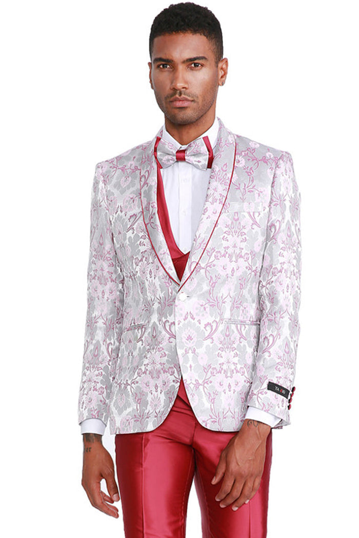 Floral Print Men's Tuxedo with Satin Vest - Pink One Button Wedding & Prom Suit by Tazzio
