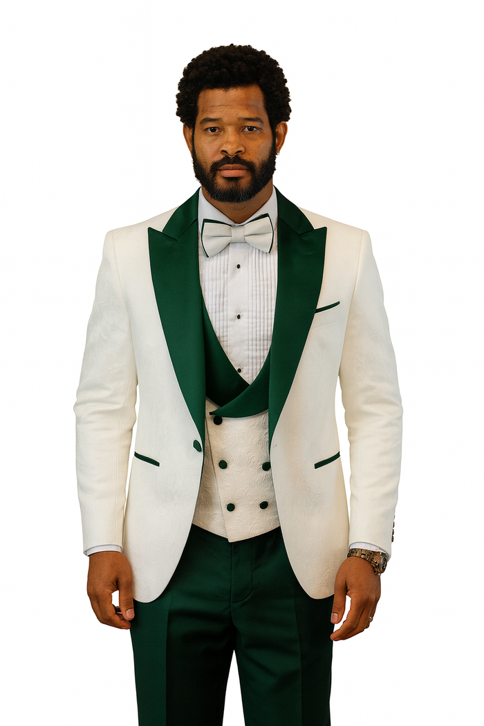 Hilton White and Hunter Green Paisley Peak Lapel Tuxedo Jacket with Matching Shawl Vest and Wool Pants - Includes Bow Tie by USA Men's Outlet