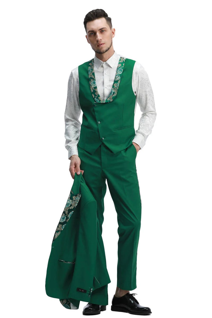 Green Prom Suit For Men - Men's One Button Vested Prom & Wedding Floral Peak Lapel Hunter Green Tuxedo