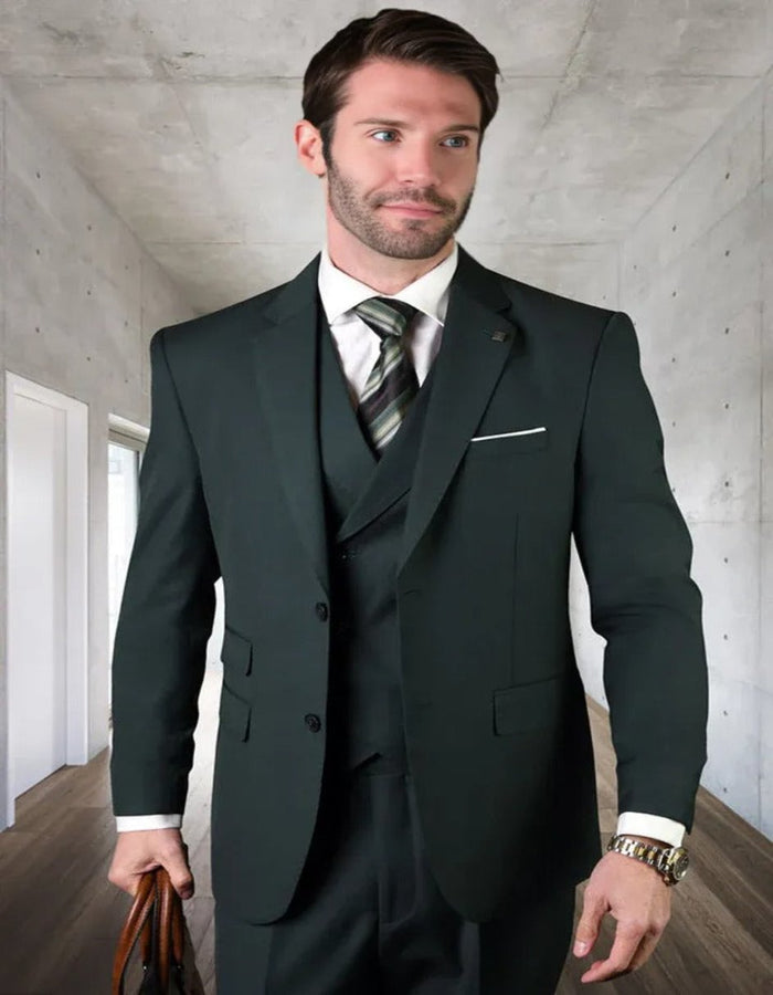 Pleated Dress Men Suits - Men's Designer Classic Fit Pleated Pant Wool Double Breasted Green Suit by Men's Tuxedo USA