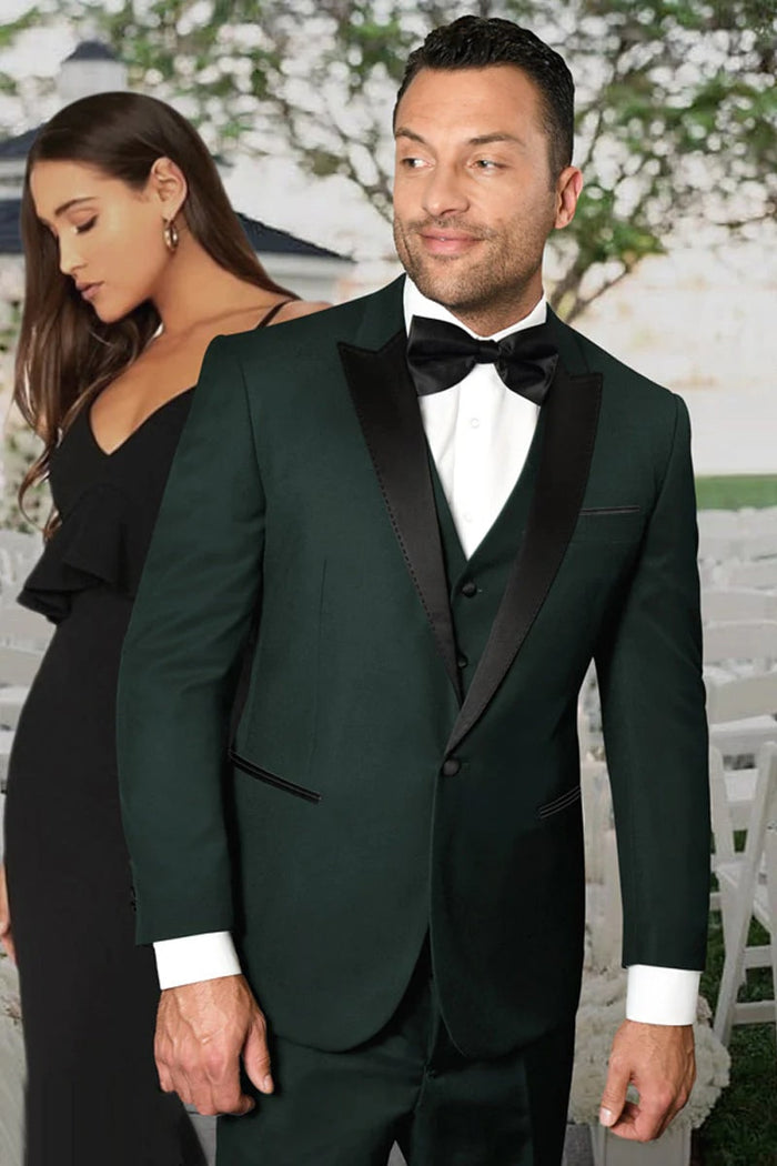 Green Prom Suit For Men - Men's Vested One Button Peak Lapel Designer Hunter Green Wedding Tuxedo