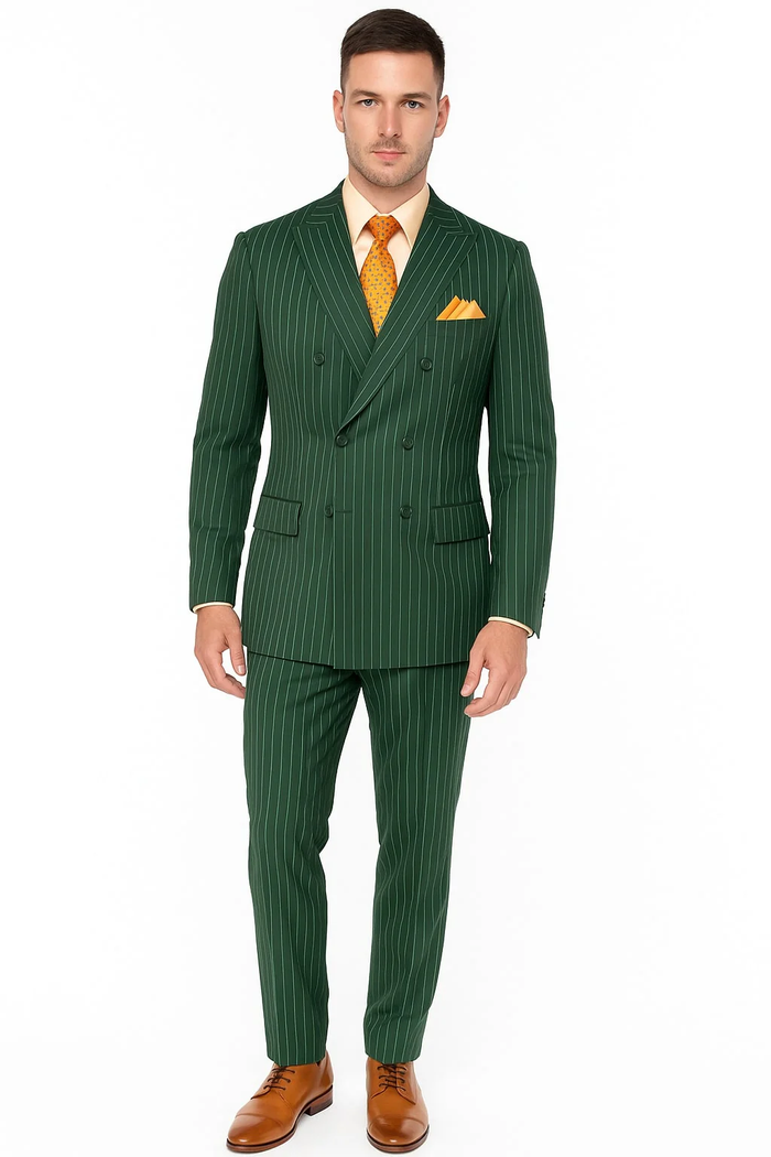 Mens Hunter Green Pinstripe Double-Breasted Suits – Bold 6-Buttons Vintage Gangster Style 1920s Look