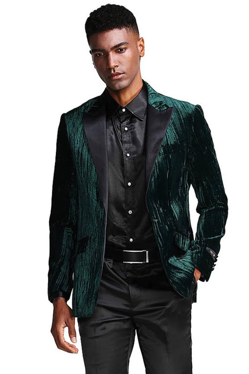 Green Prom Suit For Men - Men's Textured Velvet Prom Tuxedo Hunter Green Jacket