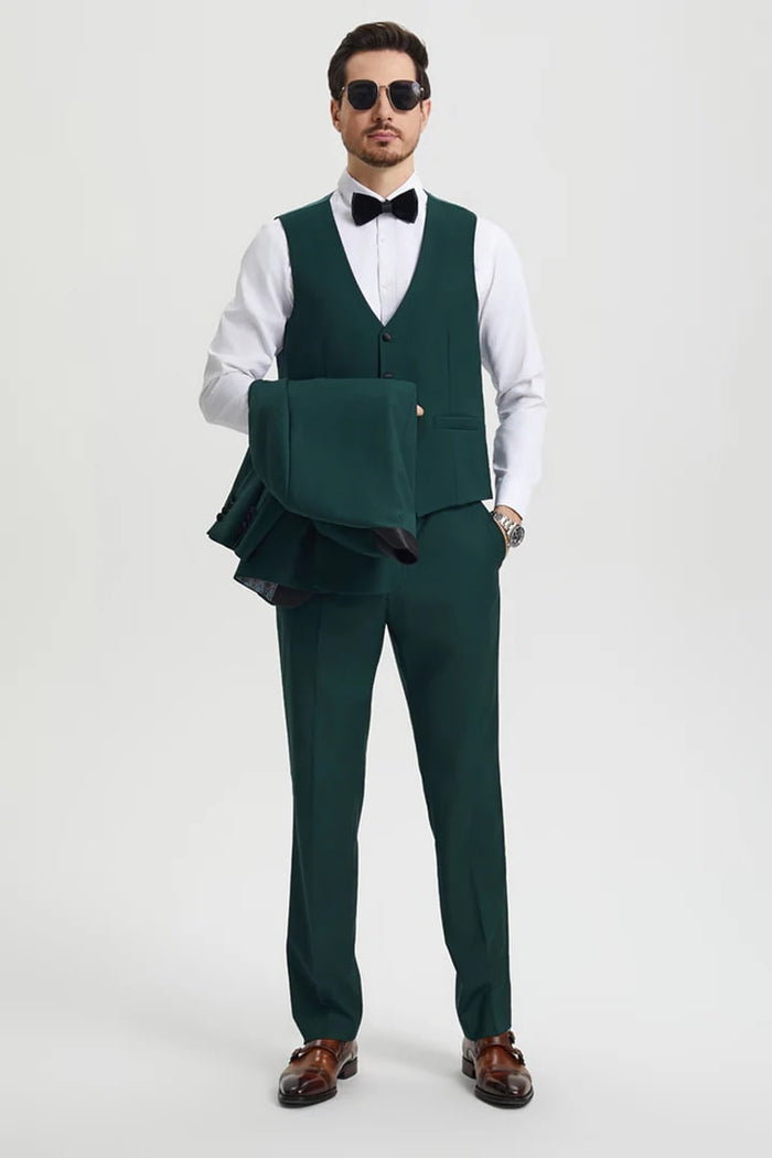 Green Prom Suit For Men - Men's Stacy Adams Vested One Button Shawl Lapel Designer Hunter Green Tuxedo