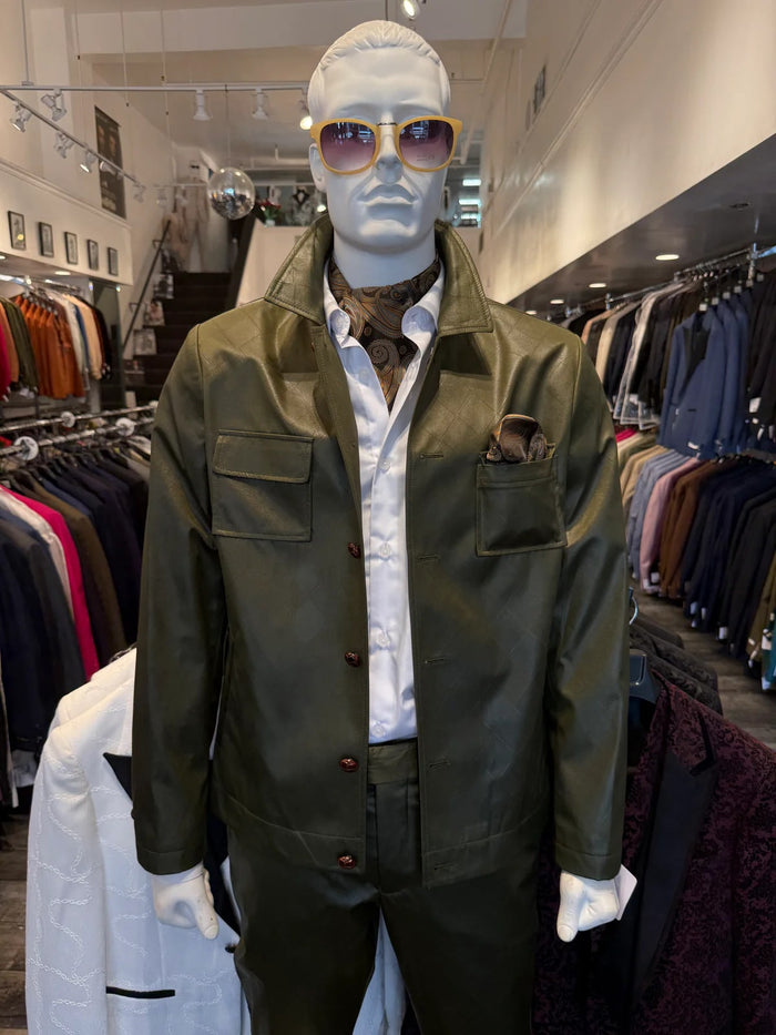 Mens Two Piece Slim Fit Faux Leather Casual Suit Olive by USA Men's Outlet