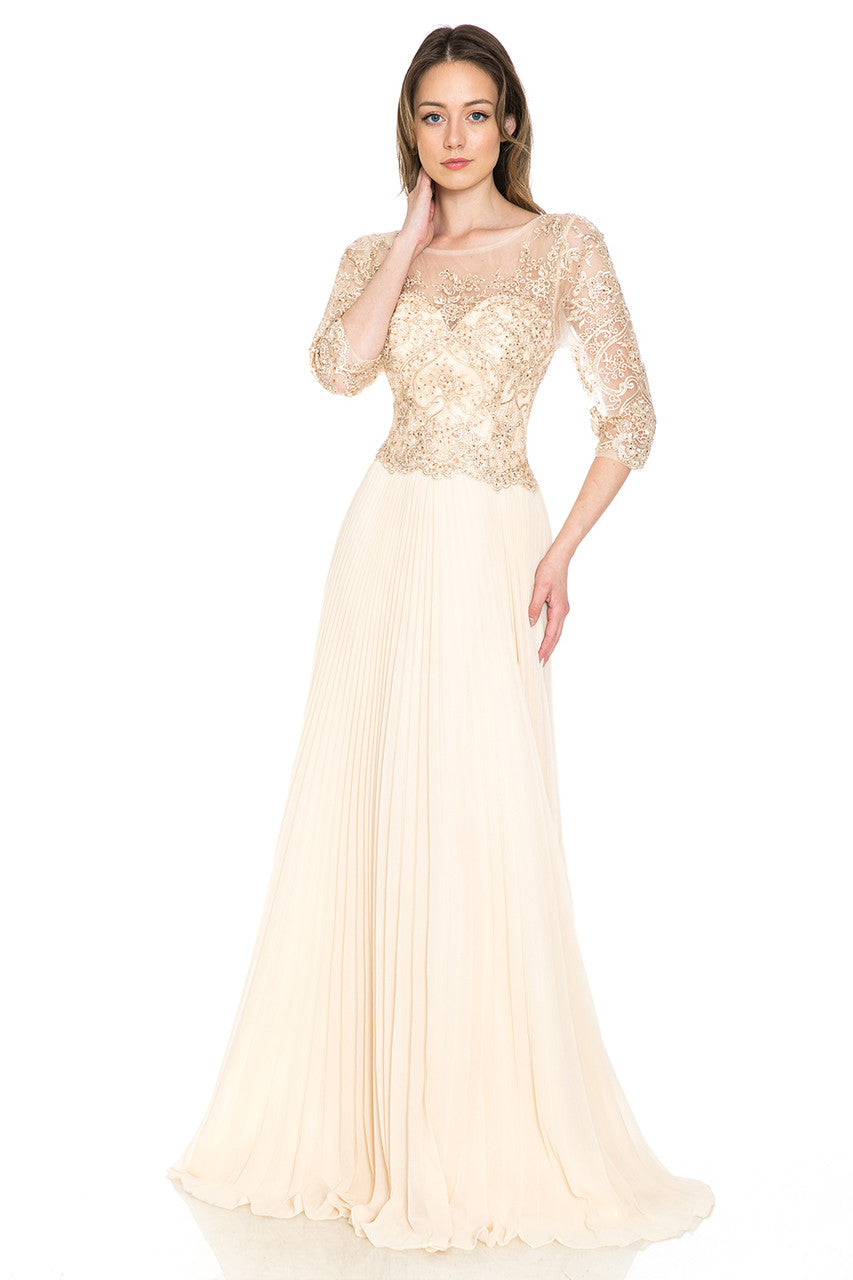 A-Line Gown with Beaded Lace Bodice and Pleated Skirt By Lenovia 8145