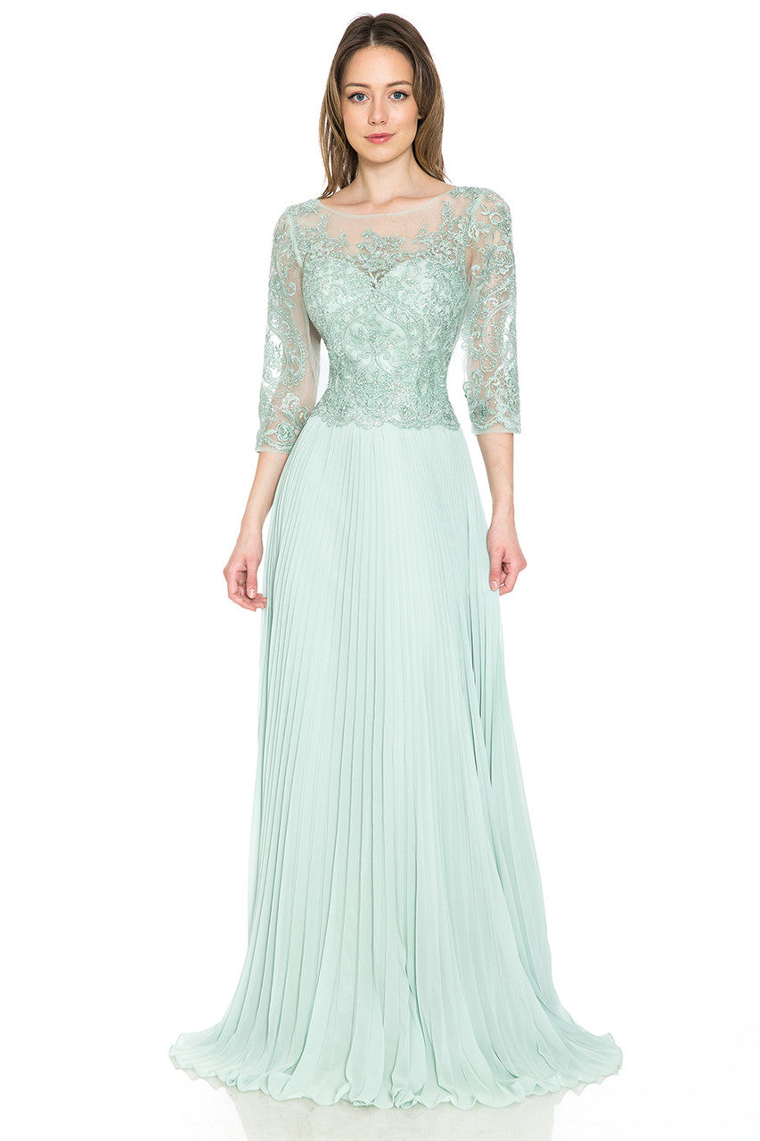 A-Line Gown with Beaded Lace Bodice and Pleated Skirt By Lenovia 8145