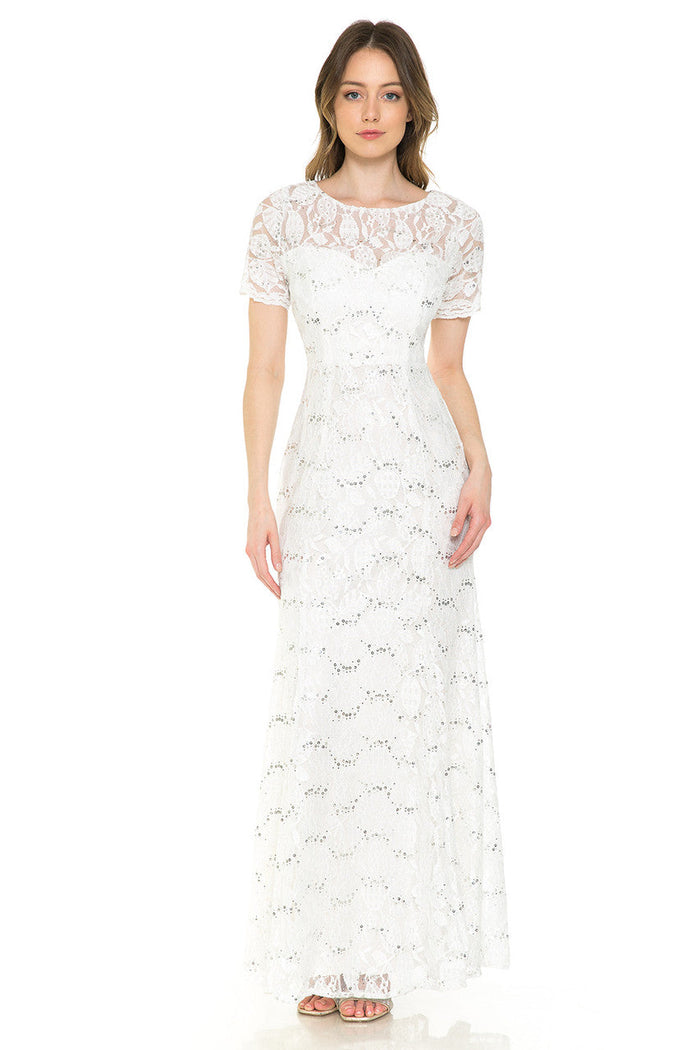 Lenovia 5241 Sequin Lace Illusion Short Sleeve Dress with Fitted Silhouette