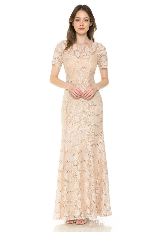 Lenovia 5241 Sequin Lace Illusion Short Sleeve Dress with Fitted Silhouette