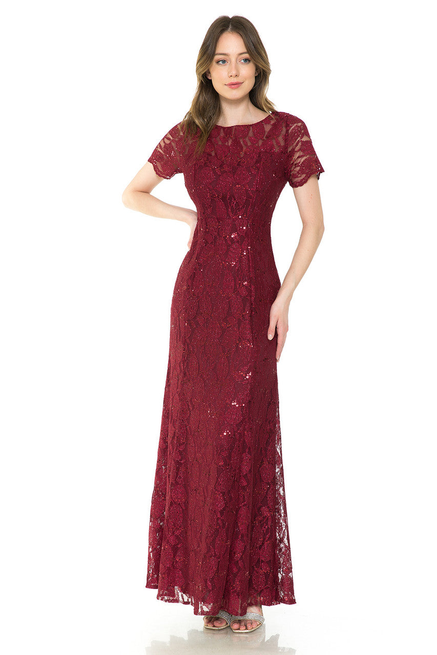 Lenovia 5241 Sequin Lace Illusion Short Sleeve Dress with Fitted Silhouette