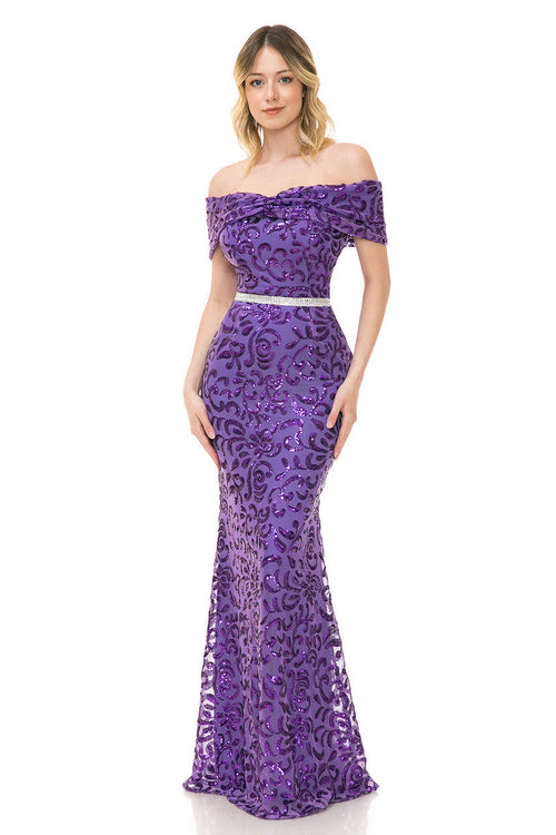 Lenovia 5210 Sequined Off-Shoulder Ruched Stretch Dress with Beaded Belt