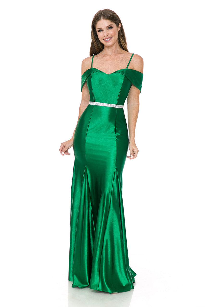 Lenovia 5244 Cold Shoulder Stretch Satin Dress with Beaded Belt – SuitUSA
