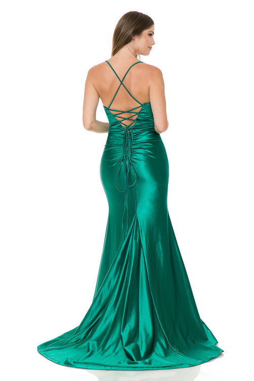 Satin Mermaid Gown with Crisscross Back and High Slit By Lenovia 8158