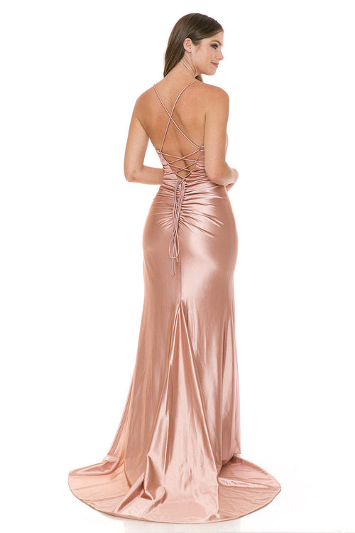 Satin Mermaid Gown with Crisscross Back and High Slit By Lenovia 8158