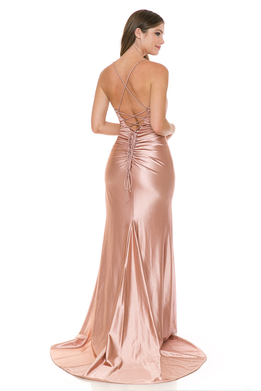 Satin Mermaid Gown with Crisscross Back and High Slit By Lenovia 8158