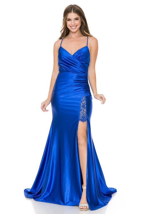 Satin Mermaid Gown with Crisscross Back and High Slit By Lenovia 8158
