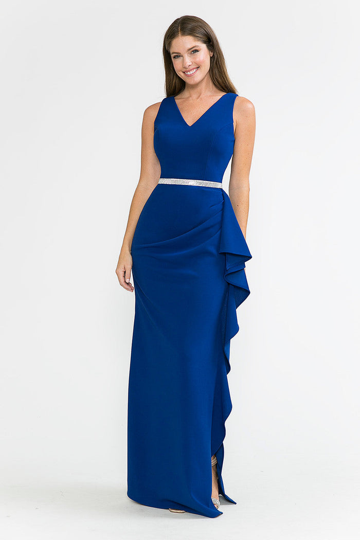 Lenovia 5287 Sleek V-Neck Crepe Dress with Side Slit and Embellished Belt