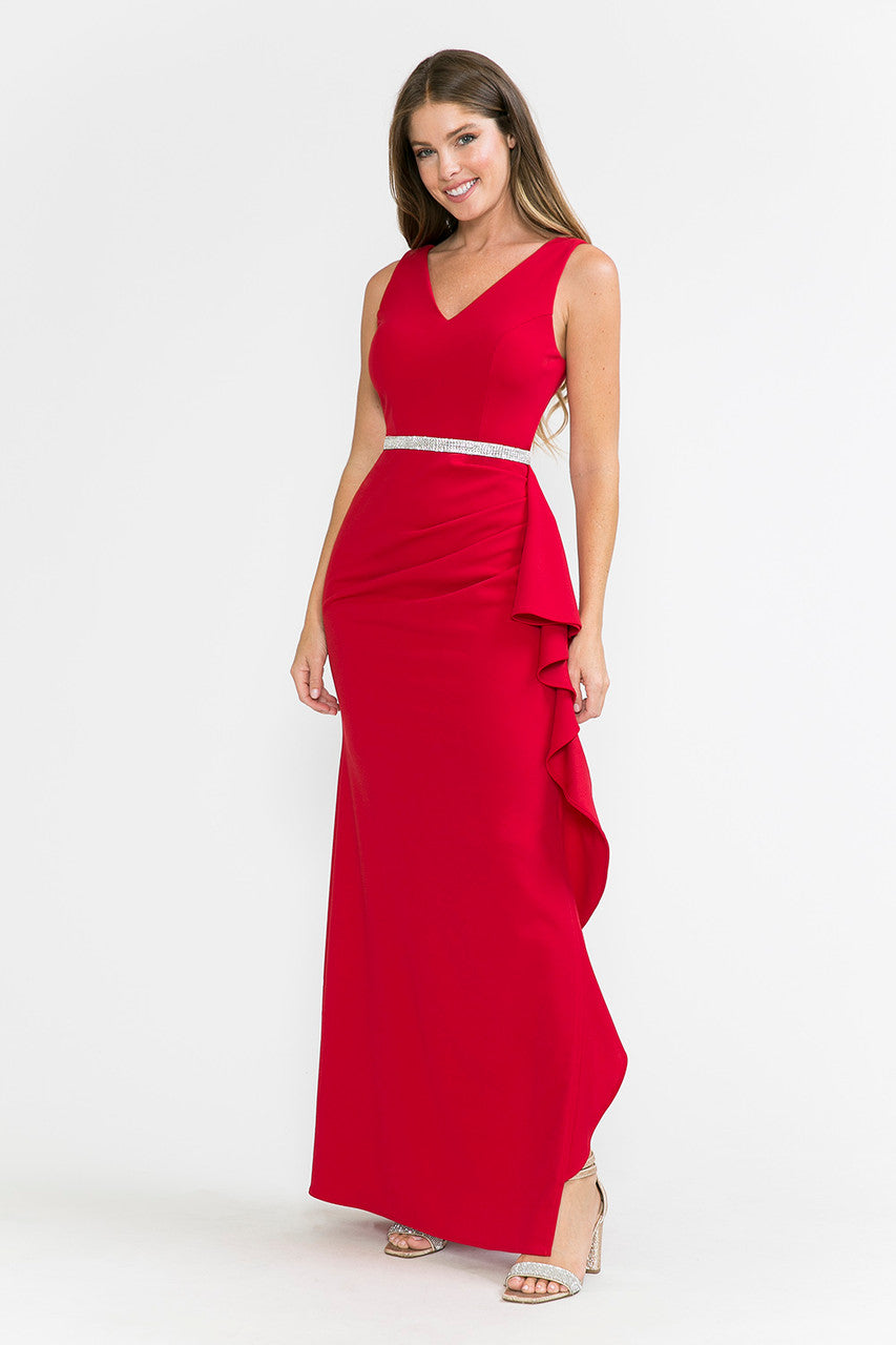 Lenovia 5287 Sleek V-Neck Crepe Dress with Side Slit and Embellished Belt
