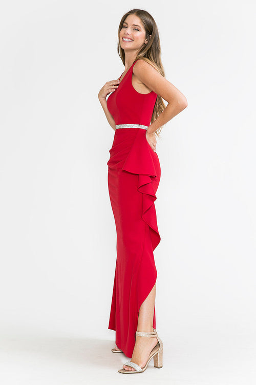 Lenovia 5287 Sleek V-Neck Crepe Dress with Side Slit and Embellished Belt